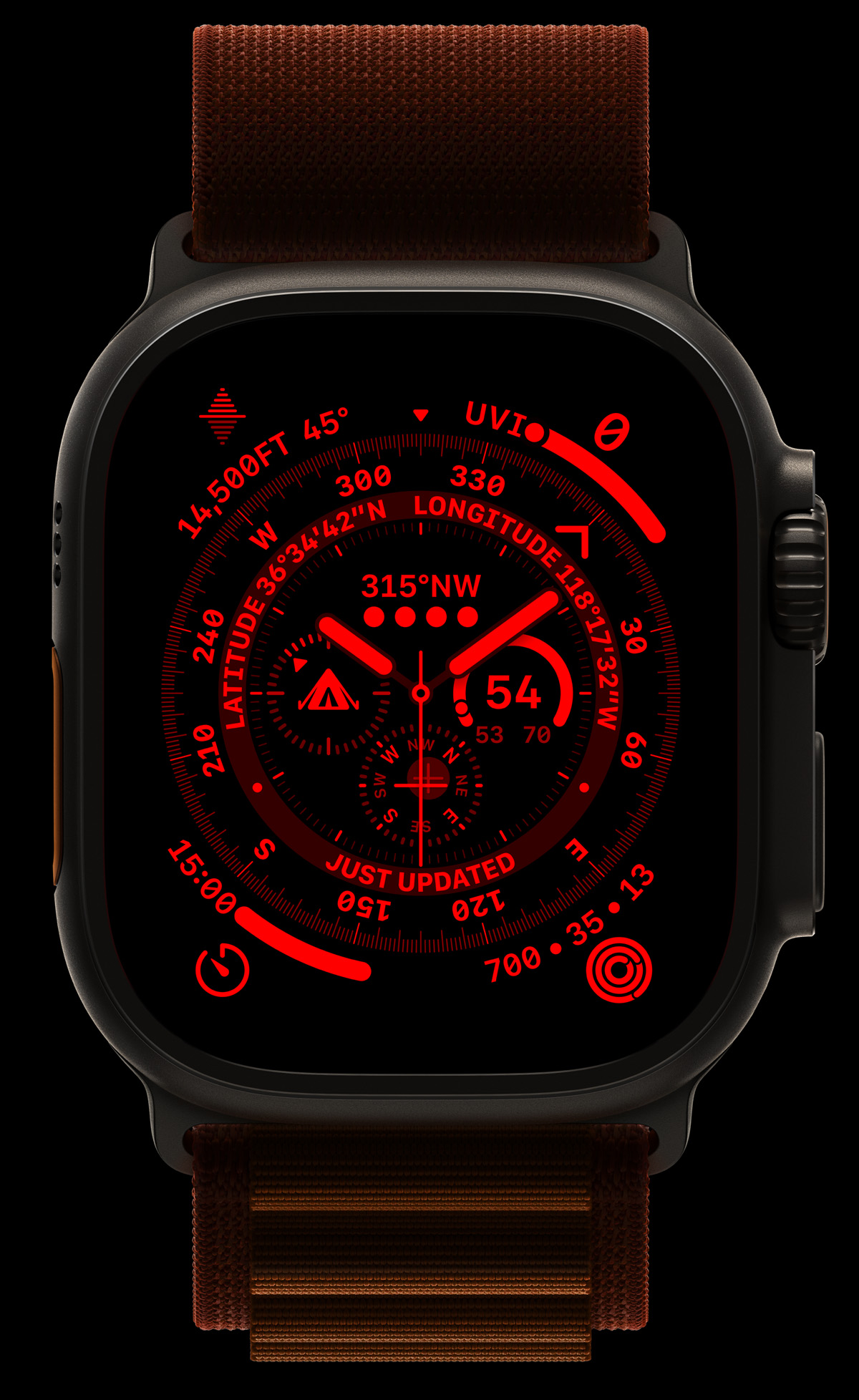 Apple Watch Ultra - Nachtmodus des neuen Ziffernblattes Wayfinder